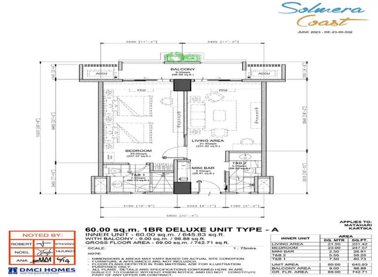 60.00 sq.m. 1BR DELUXE UNIT TYPE - A